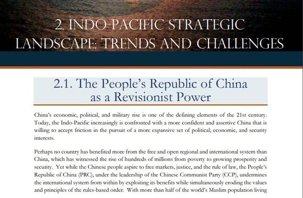 ▲ 인도-태평양 전략 보고서에는 중국을 최대의 위협 요인으로 설정하고 있다.