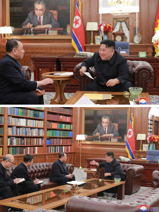 ▲ 2019년 1월 평양, 김정은 국무위원장에게 보고하는 김영철 부장과 박철 부위원장.