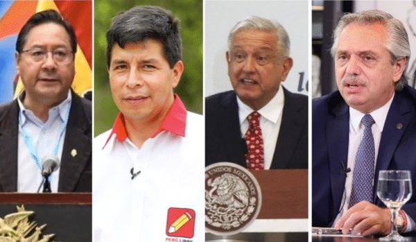 남미 좌파 대통령들, 왼쪽부터 볼리비아 루이스 아르체Luis Arce, 페루 페드로 카스티요Pedro Castillo, 멕시코 로페스 오브라도르López Obrador, 아르헨티나 알베르토 페르난데스Alberto Ángel Fernández 대통령