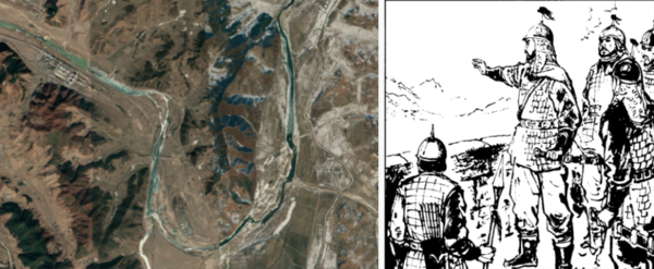 2차 고려-거란전쟁의 첫 전장인 흥화진으로 추정되는 평북 피현군 일대 위성사진과 흥화진 전투를 지휘하는 양규