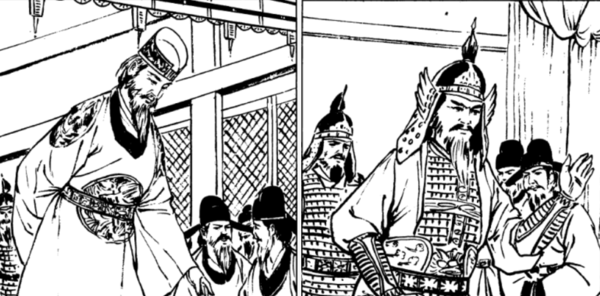 조정에서 대책을 논의하는 현종(좌)과 강감찬(우)