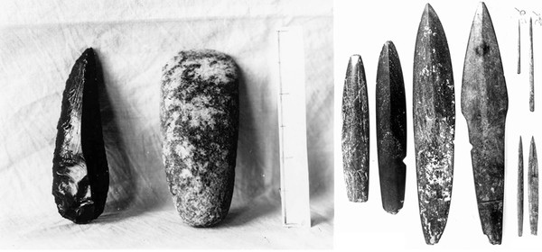 동관리 유적에서 출토된 다양한 유물들. 구석기시대 흑요석 창날과 석부(좌), 신석기시대 간석기 창날과 뼈바늘(우) ⓒ국립중앙박물관