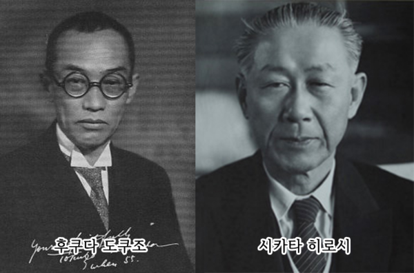 ▲정체성론을 주장한 대표적인 학자들. 후쿠다 도쿠조(좌), 시카타 히로시(우)