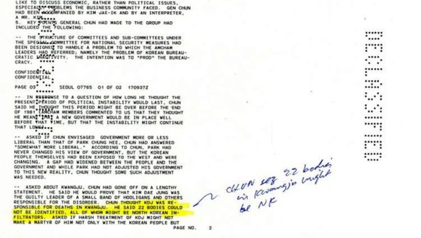 ▲전두환씨가 5·18 민주화운동 당시 '북한군 개입설'을 직접 언급한 내용이 담긴 미국 기밀 문서가 지난 2018년 공개됐다. 주한미국대사관이 1980년6월17일 국무부에 보고한 문건에는 '전두환은 80년 6월4일 주한 미국 상공회의소 관계자들과 만난 자리에서 시신 22명의 신원을 확인하지 못했다. 이들 모두 북한 간첩(침투 요원)이라고 말했다'(He said 22 bodies could not be identified, all of whom might be North Korean infiltrators)고 기록돼 있다. 2018.08.20. (사진 = 5·18 기록관 제공 미 체로키 파일 일부 캡쳐)