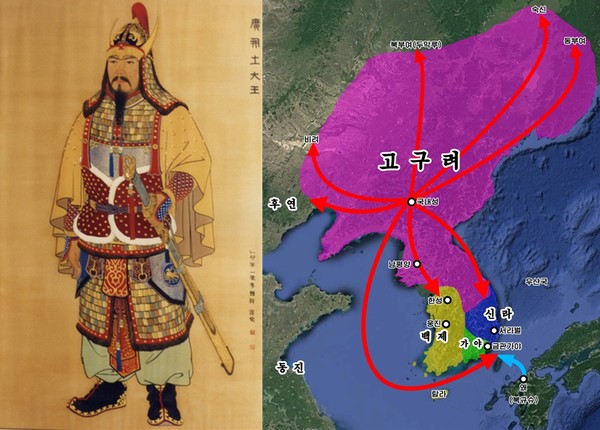 ▲ 광개토왕 표준영정(좌)와 광개토왕 시기 고구려의 군사활동 지도(우)