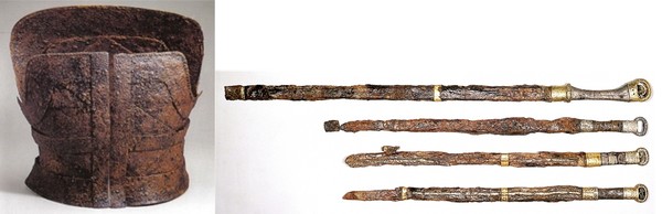 ▲ 경남 함안군 옥전 고분군 출토 판갑옷과 고리자루큰칼. 위의 북규슈 출토 유물과 비교해보면 유사함을 알 수 있다.