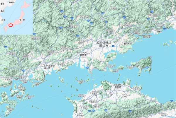 지도: 기비 가야소국이 있던 오카야마현 일대 지도. ⓒGoogle위쪽 왼편은 일본 전체에서 오카야마현의 위치.
