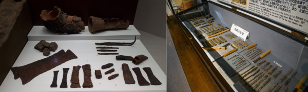 경남 김해시 대성동 고분군에서 발굴된 금관가야의 철기 유물(좌)와오키야마현 가나쿠라야마 무덤(金藏山古墳)에서 출토된 철기 유물(우). 모양의 형태와 종류에서 보듯 기비지방의 유물이 가야계통임을 알 수 있다.