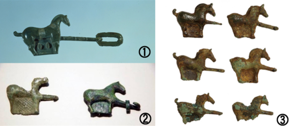 청동제 말띠고리 유물 비교.①경남 김해시 대성동 고분군 ②경북 상주시 화달리 고분군 ③오카야마현 소자시 사카키야마 무덤