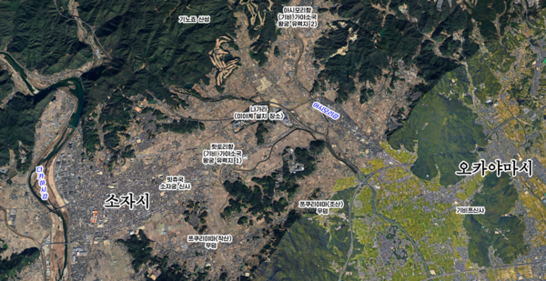 기비 가야소국의 중심지였던 오카야마현 소자시 위성사진 ⓒGoogle