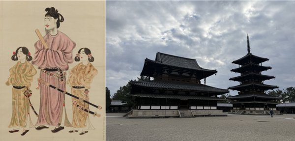 백제계 소가씨와 손을 잡고 야마토 정권의 기틀을 다지며 백제와의 교류를 확대한 성덕태자(좌)와 이들 주도 아래 백제 양식으로 지어진 나라 법륭사(우)
