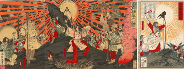 일본서기에서 묘사되는 천황가의 시조이자 창조신인 아마데라스 오미카미(좌)와 그의 후손이자 ‘초대 천황’으로 묘사되는 신무천황. 일본서기는 야마토 정권 및 천황가의 기원을 천신으로 바꾸면서 본래의 한반도 이주민 연합정권 성격을 없앴다.