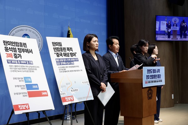 진보당 의원단이 국회에서 기자회견을 열고 “평화를 위해, 국회가 한미연합훈련 중단시키자” 촉구했다. ⓒ 진보당